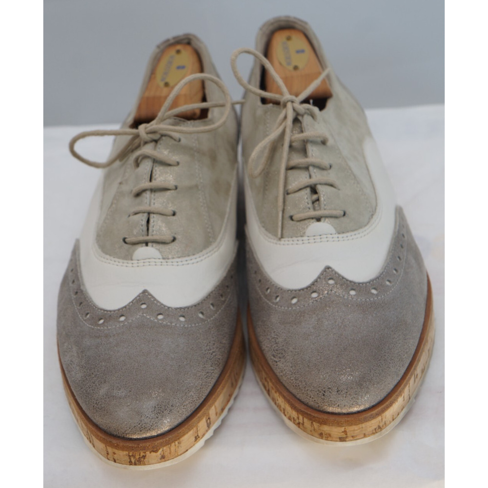 Paul Green Metallic Finish Leather Wingtip Brogue Oxford - Gray Tan White Sz 9 - Picture 3 of 13